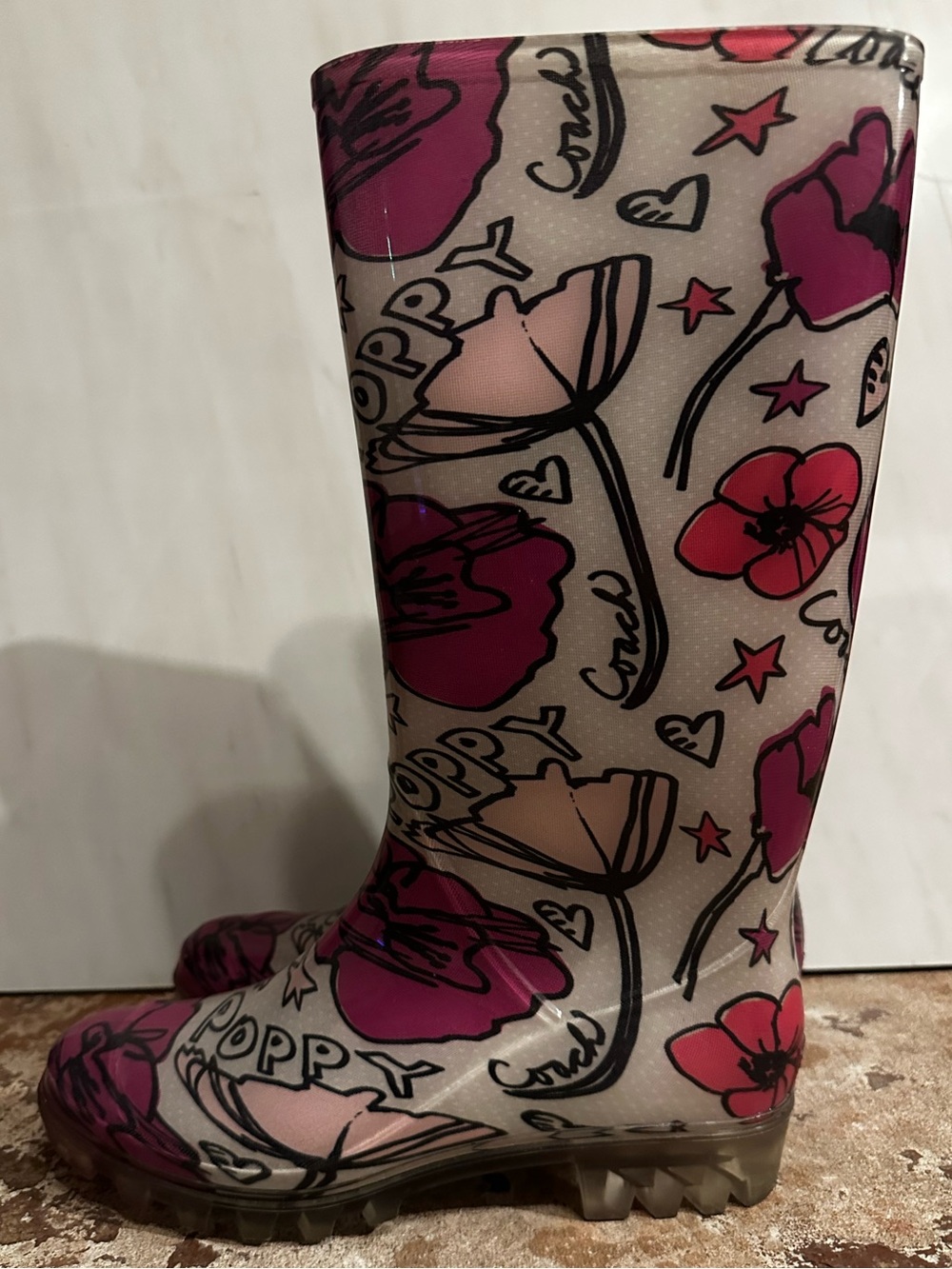 COACH Poppy Pink Floral Graphic Clear Rain-boots size 7B